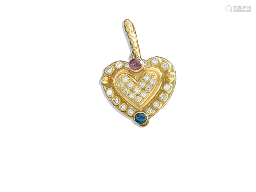 18K, 1.25 CT diamond, ruby and sapphire Heart Pendant