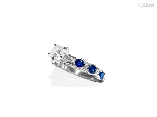 14k Gold, Blue Sapphire & Diamond Engagement Ring