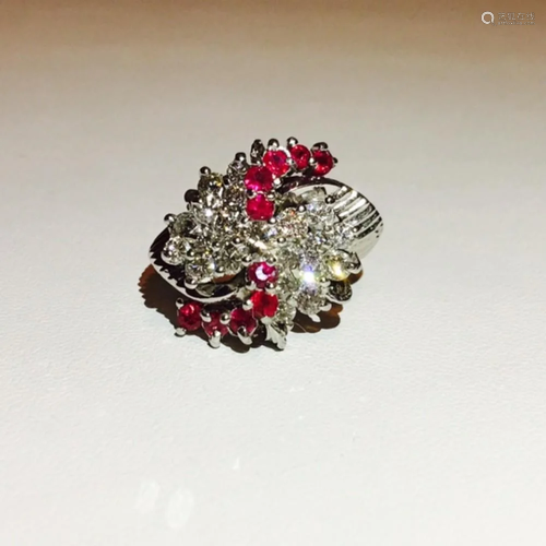 14K White Gold, 3 Ct Diamond & Burma Ruby Cluster Ring