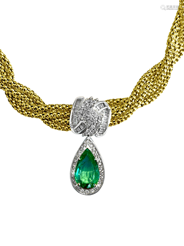 14k Gold Emerald Diamond Necklace Certified