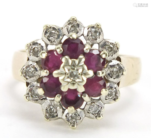 9ct gold ruby and diamond three tier clu...