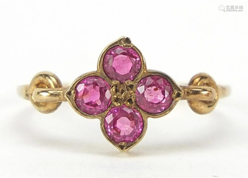 Antique unmarked gold ruby flower head r...