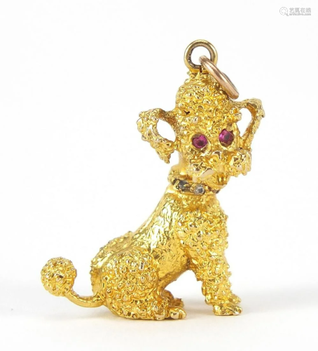 9ct gold seated poodle charm with ruby e...