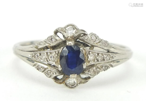 Art Deco unmarked white metal sapphire a...