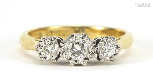 18ct gold diamond three stone ring, the ...