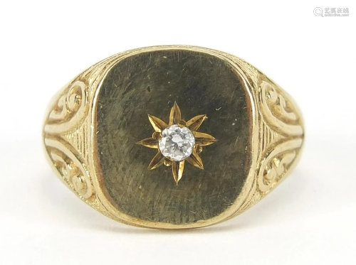 Unmarked gold diamond signet ring with e...