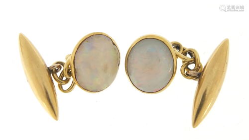 Pair of 18ct gold opal cufflinks, 1cm wi...