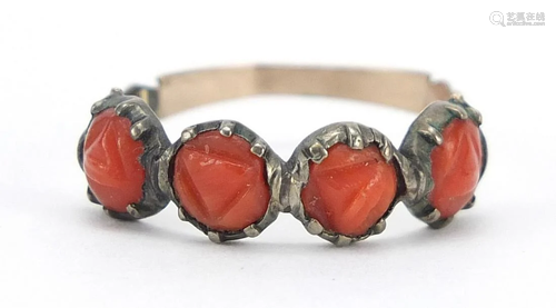 Antique unmarked gold coral four stone r...