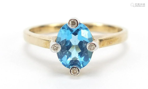 9ct gold blue topaz and diamond ring, si...