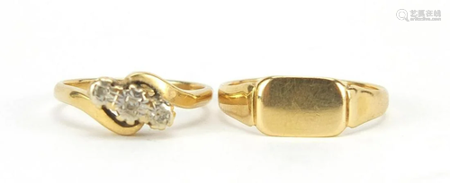 18ct gold signet ring and 18ct gold diam...