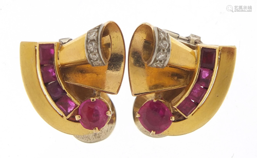 Pair of Art Deco unmarked gold ruby and ...