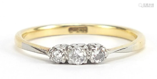 18ct gold diamond three stone ring, size...