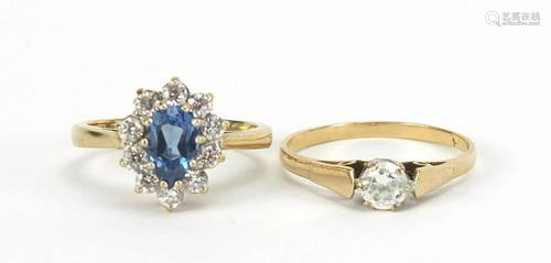 Two 9ct gold rings set with blue and cle...