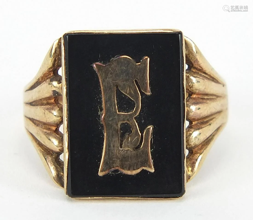 9ct gold and black onyx initial E ring, ...