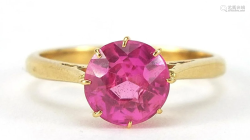 18ct gold ruby solitaire ring, the stone...