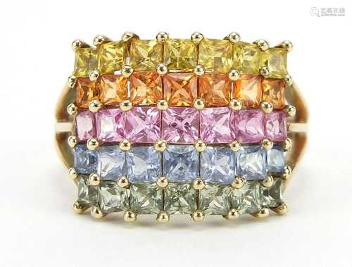 9ct gold multi gem five row cluster ring...