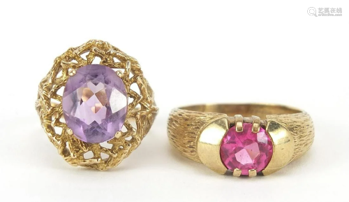 Two 9ct gold rings set with purple and p...