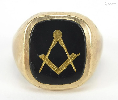 9ct gold black onyx masonic signet ring,...