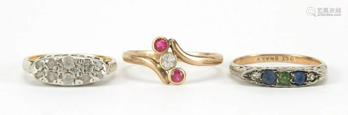 Three 18ct and 9ct gold rings set with c...