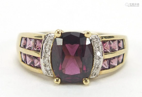 9ct gold diamond and purple stone ring, ...