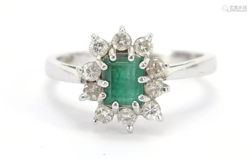 18ct white gold emerald and diamond ring...
