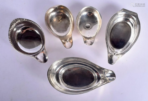 FIVE ANTIQUE SILVER PAP BOATS. London 1802 and later.