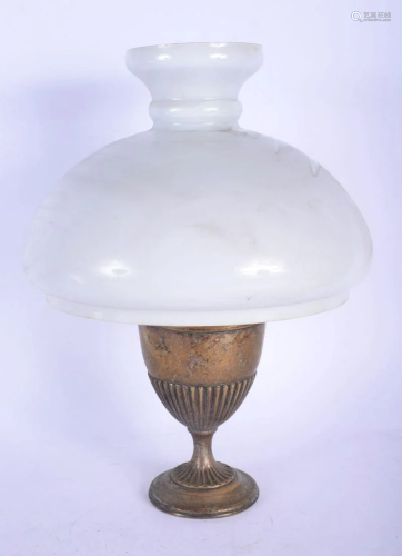 AN ANTIQUE SILVER PLATED OIL LAMP with shade. Plate 29