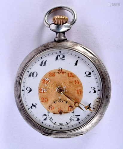 A SILVER OMEGA POCKET WATCH. 5 cm diameter.