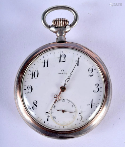 A SILVER OMEGA POCKET WATCH. 5 cm diameter.