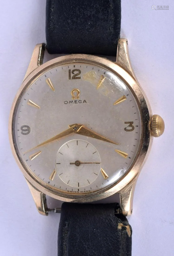 A VINTAGE 9CT GOLD OMEGA WRISTWATCH. 3.25 cm dia…