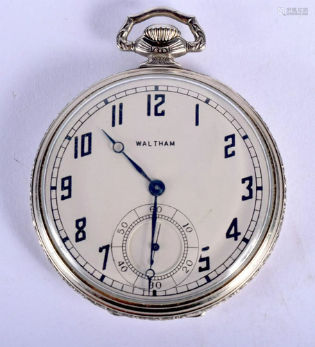 AN ART DECO SILVER PLATED WALTHAM SILVER POCKET WATCH.