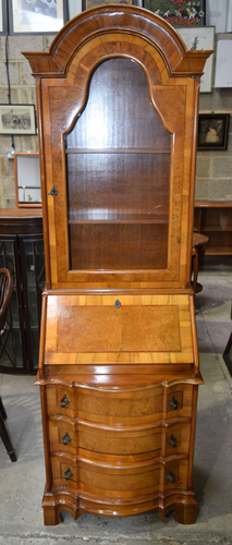 A Queen Anne style Burr veneer bureau with glass