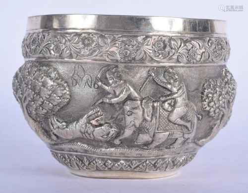AN ANTIQUE INDIAN SILVER BOWL decorated with figures.