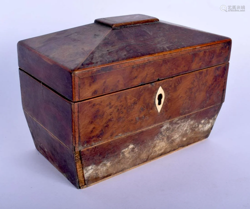 A GEORGE III BURR WALNUT TEA CADDY. 18 cm x 12 cm.