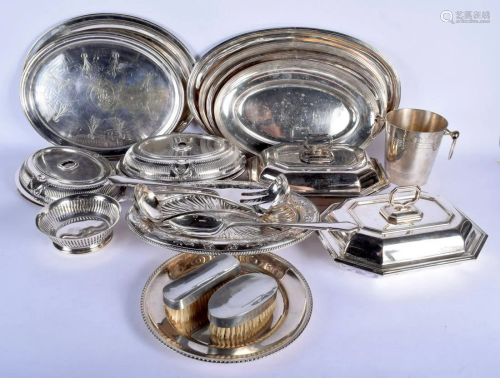 A LARGE BOX OF SILVER PLATED ITEMS including serving