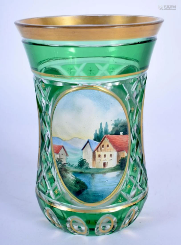 A LATE 19TH CENTURY BOHEMIAN ENAMELLED GREEN FLASK