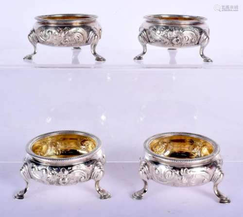 FOUR 18TH CENTURY SILVER SALTS. London 1744 or 1784.