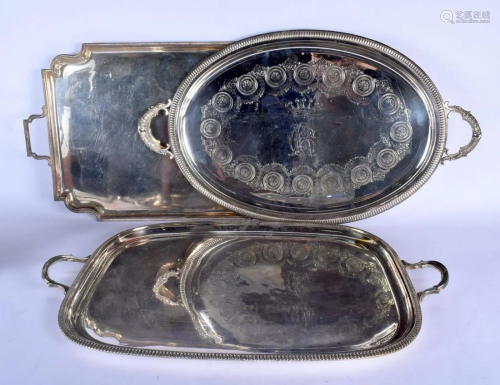 THREE ANTIQUE SILVER PLATED SERVING TRAYS. Largest 74