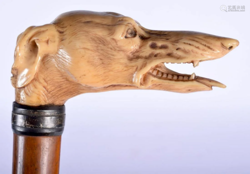 A 19TH CENTURY EUROPEAN CARVED IVORY DOG HEAD WALKING