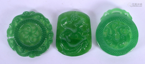 THREE CHINESE CARVED SPINACH JADE PLAQUES 20th Century.