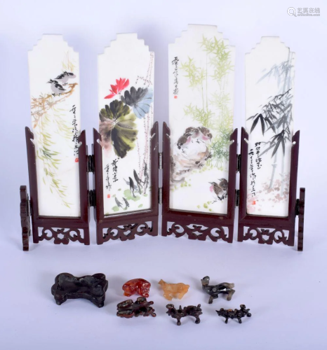 A CHINESE CARVED AND PAINTED MARBLE SCHOLARS SCREEN