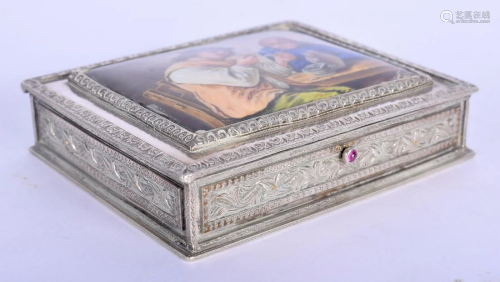 AN ANTIQUE CONTINENTAL SILVER AND ENAMEL BOX AND COVER
