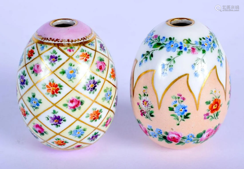 TWO ANTIQUE RUSSIAN PORCELAIN EGGS painted with