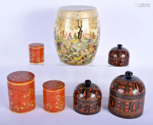 A LARGE KASHMIR LACQUER JAR AND COVER together with six