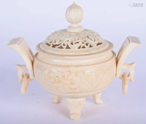 AN EARLY 20TH CENTURY CARVED IVORY CENSER AND COVER