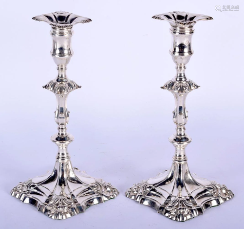 A MATCHED PAIR OF ENGLISH SILVER CANDLESTICKS. London