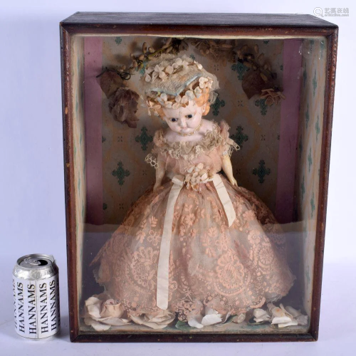A RARE ANTIQUE GLASS CASED DOLL DIORAMA formed as a