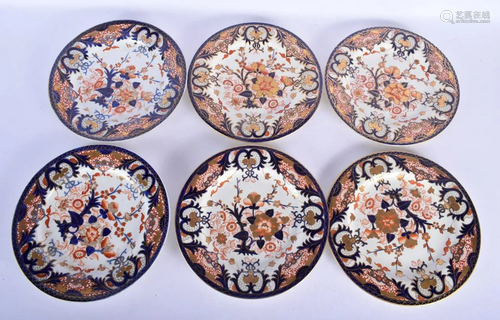 SIX ANTIQUE DERBY IMARI PLATES. 25 cm diameter. (6)