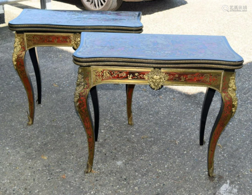 A PAIR 19TH CENTURY FRENCH BOULLE BRASS INLAID CARD