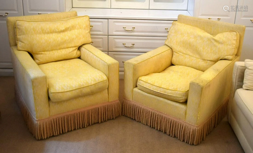 A PAIR OF DEEP COUNTRY HOUSE STYLE YELLOW ARM CHAIRS